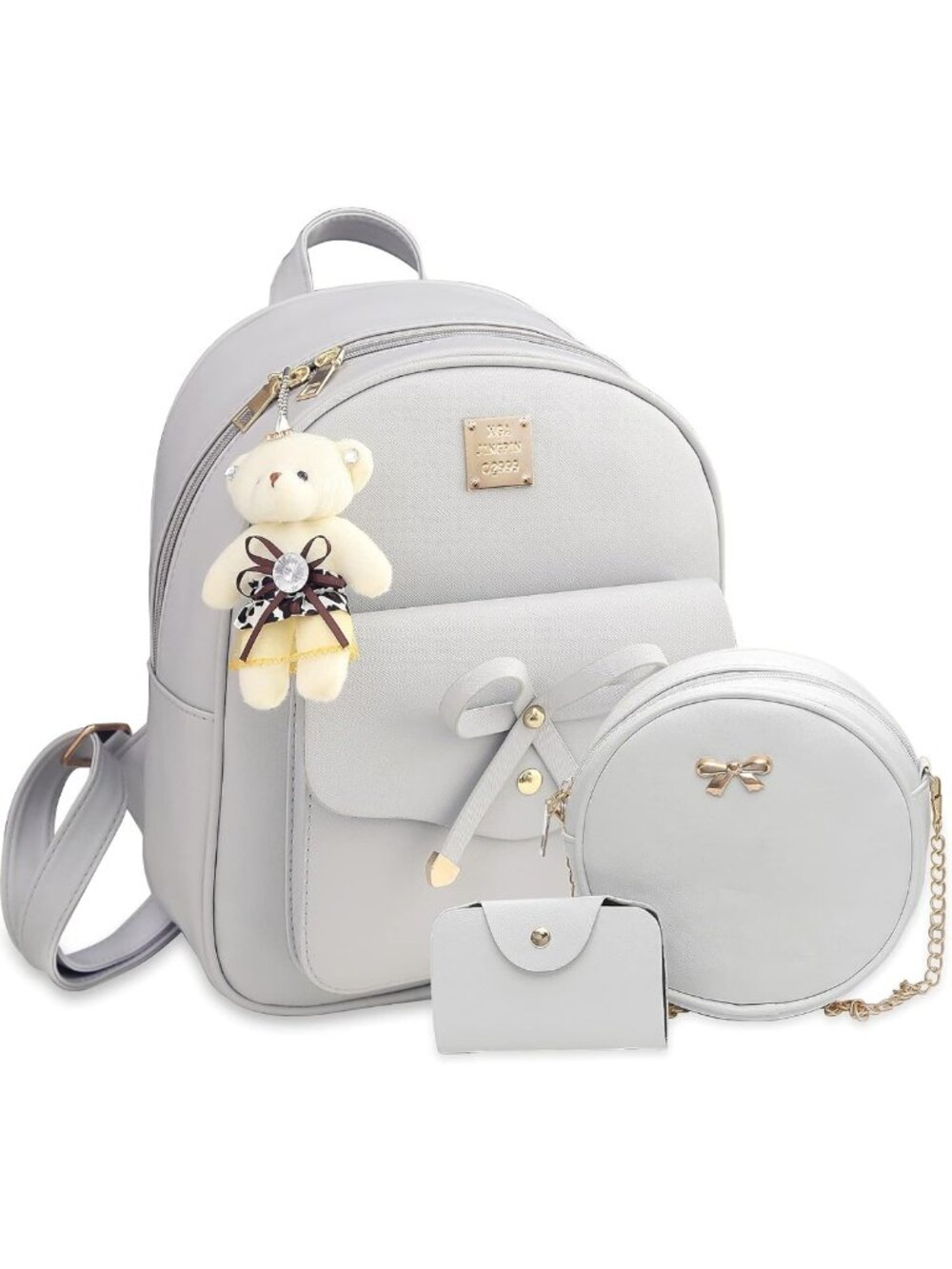 Cute Mini Leather Backpack Purse with Bowknot - 3-Piece Set for Women